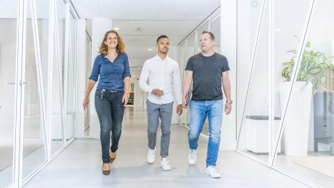 Drie collega's lopen door de gang van het stadhuis